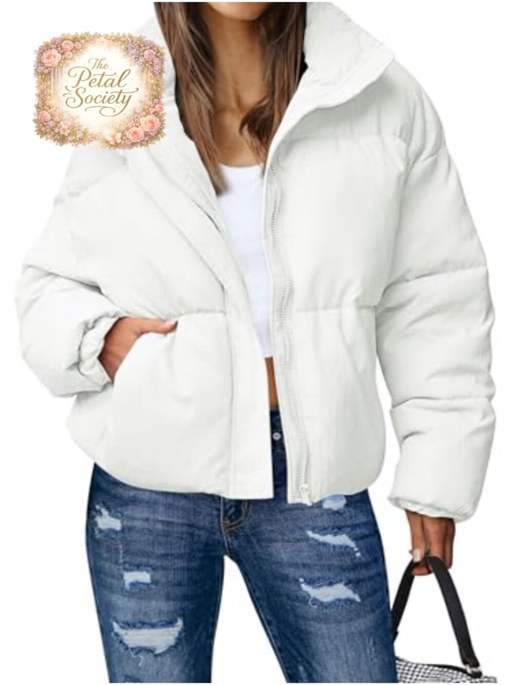 Women's Winter Long Sleeve Zip Puffer Jacket Quilted Cropped Coat Pockets